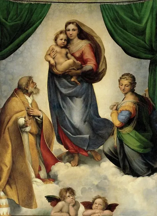 Framed Print : The Sistine Madonna by Raffaello Sanzio da Urbino, also Raffael da Urbino, Raffaello Santi, Raffaello Sanzio, Raphael, Italian painter, Italy, digitally restored reproduction of a work of art (public domain) from c. 1500 Framed Print : The Sistine Madonna by Raffaello Sanzio da Urbino, also Raffael da Urbino, Raffaello Santi, Raffaello Sanzio, Raphael, Italian painter, Italy, digitally restored reproduction of a work of art (public domain) from c. 1500
