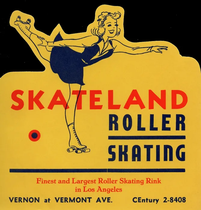 Framed Print : Skateland. USA - 1945: A decal for Skateland roller skating in Los Angeles reads 'Finest Framed Print : Skateland. USA - 1945: A decal for Skateland roller skating in Los Angeles reads 'Finest