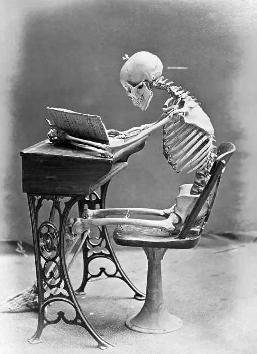 Framed Print : Skeleton Reading at Desk Framed Print : Skeleton Reading at Desk
