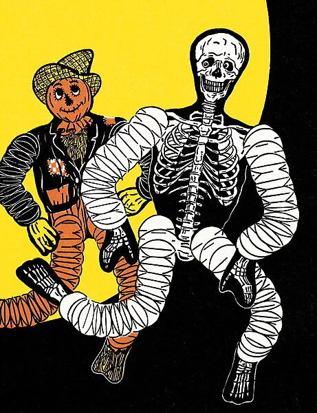 Skeleton and scarecrow dancing