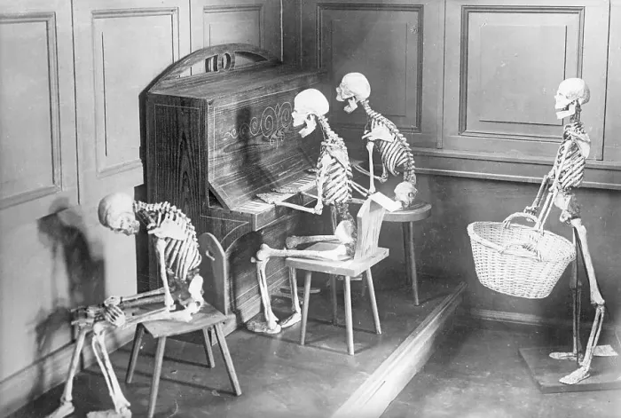 Framed Print : Skeletons Shown Playing Piano, Etc Framed Print : Skeletons Shown Playing Piano, Etc
