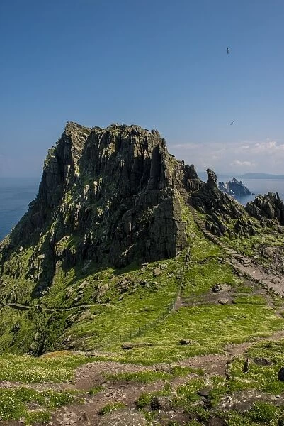 Skellig Michael (Great Skellig), Skellig islands, County Kerry, Munster province, Ireland, Europe. The stone stairs leading to the monastery on top of the island