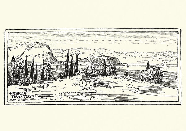 Sketch of Nafplio, Greece, 19th Century
