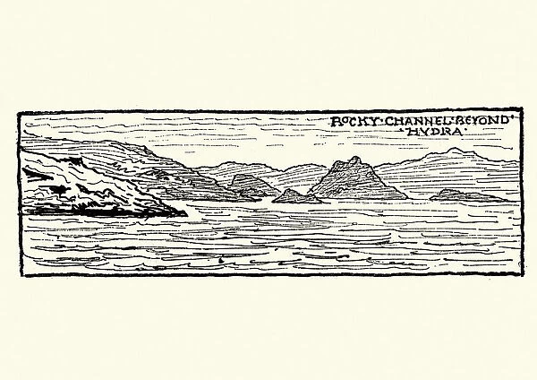 Sketch of Rocky coastline, Hydra, Greece, 19th Century