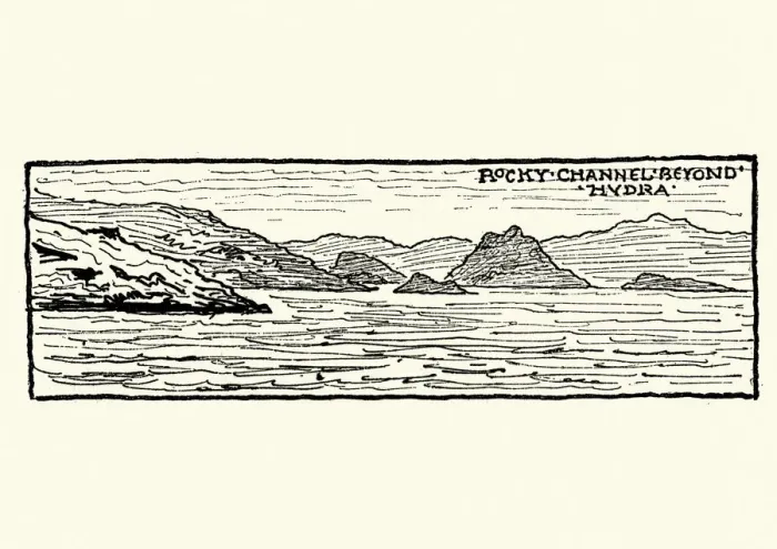 Framed Print : Sketch of Rocky coastline, Hydra, Greece, 19th Century