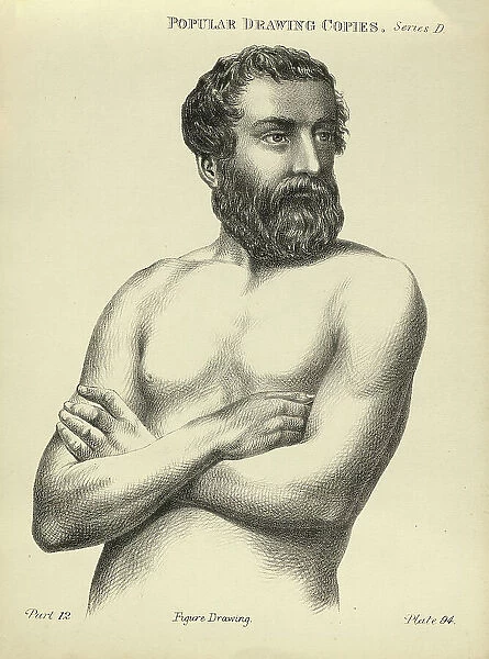Sketching, drawing bare chested man with beard, life study, Victorian art figure drawing copies 19th Century