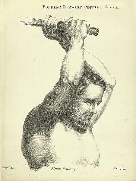 Sketching, drawing, young man arms raised, life study, Victorian art figure drawing copies 19th Century