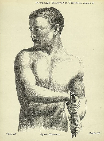Sketching, drawing, young man unsheathing sword, life study, Victorian art figure drawing copies 19th Century