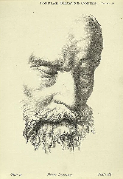Sketching human face, detail of mature man's face, eyes closed, beard, Victorian art figure drawing copies 19th Century