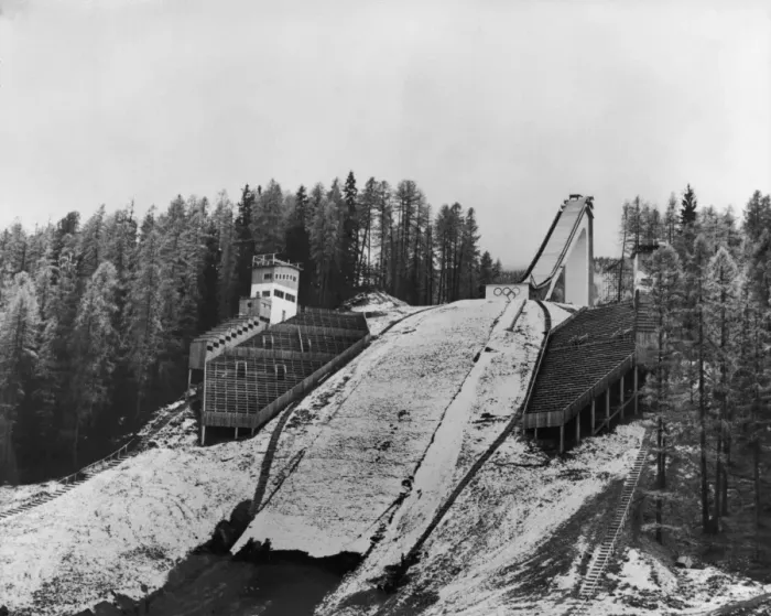 Framed Print : Ski Jump. 8th November 1955: The ski jump at Cortina d Ampezzo