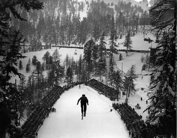 Ski-Jump. January 1924: A contestant in the ski-jump at the winter sports at St Moritz