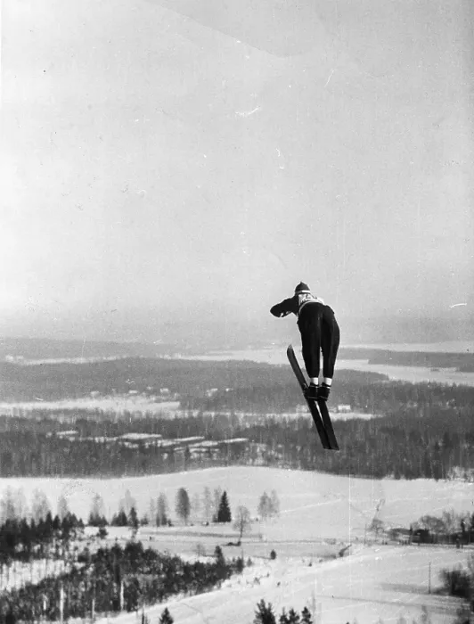 Framed Print : Ski Jump. A skier performing a ski-jump at the World Ski Championships in Falun Framed Print : Ski Jump. A skier performing a ski-jump at the World Ski Championships in Falun
