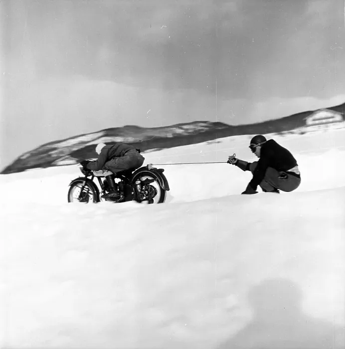 Framed Print : Ski Pull. 28th February 1953: A skier being towed by a motorbike at the Framed Print : Ski Pull. 28th February 1953: A skier being towed by a motorbike at the