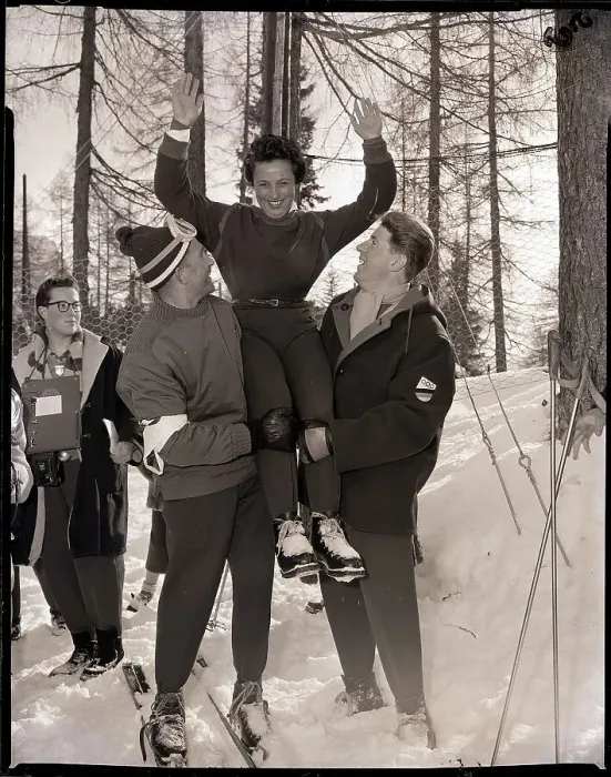 Framed Print : Skier Carried on Teams Shoulders Framed Print : Skier Carried on Teams Shoulders