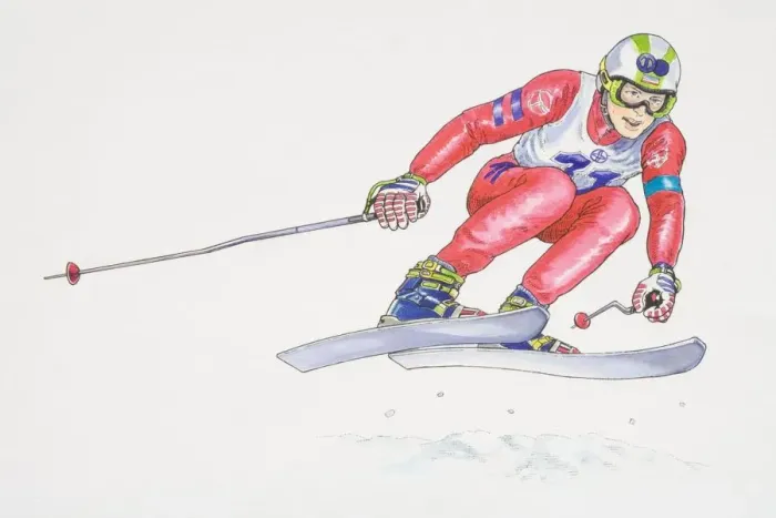 Framed Print : Skier performing a jump, flying in the air with bended knees and poles to his side, low angle view Framed Print : Skier performing a jump, flying in the air with bended knees and poles to his side, low angle view