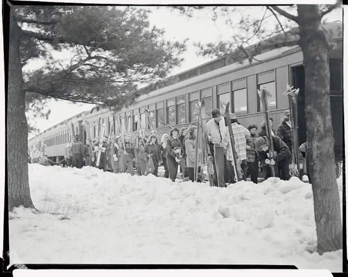 Framed Print : Skiers Arriving at Slopes on Train Framed Print : Skiers Arriving at Slopes on Train