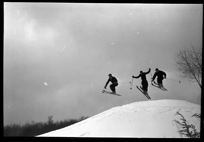 Framed Print : Three Skiers Caught In Air As They Ski Framed Print : Three Skiers Caught In Air As They Ski