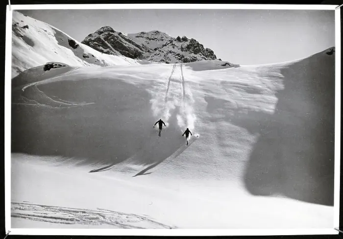 Framed Print : Two Skiers Race Downhill In Alps Framed Print : Two Skiers Race Downhill In Alps