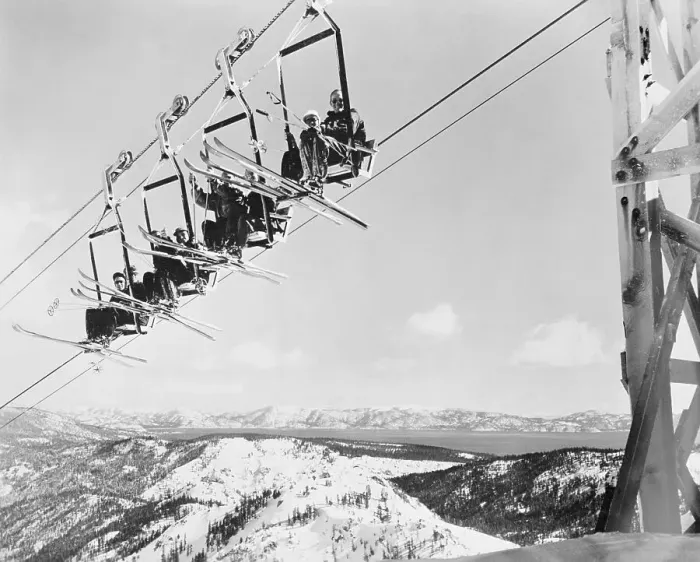 Framed Print : Skiers Riding on a Ski Tram Framed Print : Skiers Riding on a Ski Tram