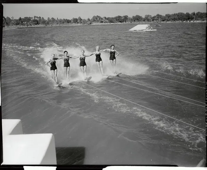 Framed Print : Skilled Female Water Skiers Performing on the Water Framed Print : Skilled Female Water Skiers Performing on the Water