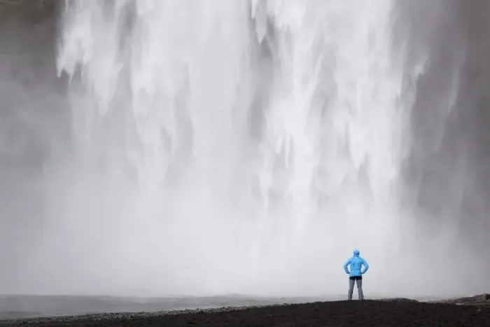 Framed Print : Skogafoss waterfall with a hiker, Skogar, South Iceland, Iceland, Europe Framed Print : Skogafoss waterfall with a hiker, Skogar, South Iceland, Iceland, Europe