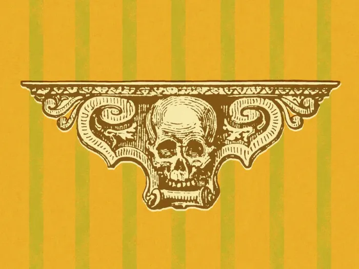 Framed Print : Skull Shelf on Orange and Green Striped Wall Framed Print : Skull Shelf on Orange and Green Striped Wall