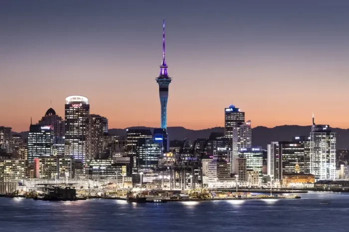 Framed Print : Skyline of Auckland with the Sky Tower at dusk, Auckland, North Island, New Zealand
