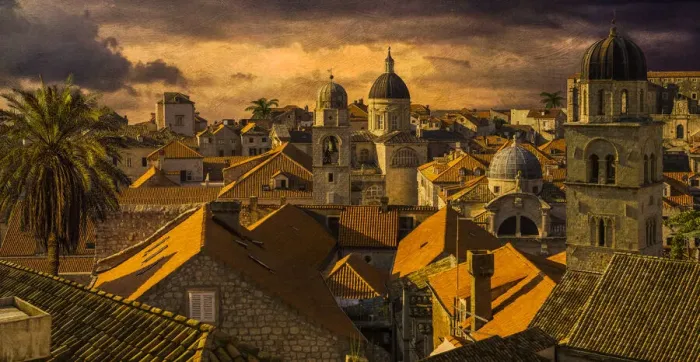 Framed Print : Skyline of Dubrovnik, Croatia at dusk with a view of rooftops and towers