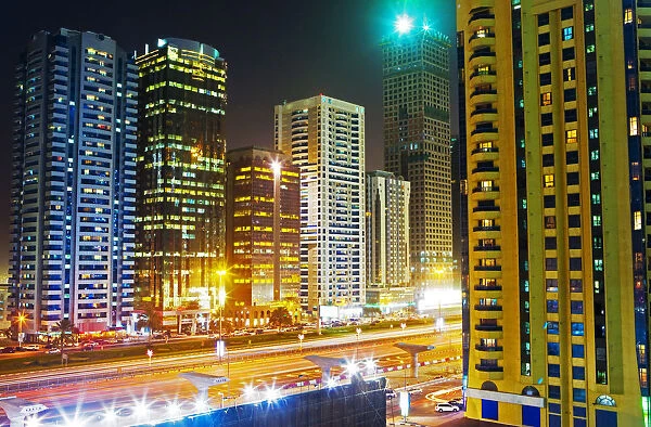 Skyscrapers on Sheikh Zayed Road, night