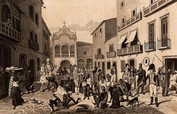 Slave market in Pernambuco, Brazil, black slaves sitting in the street while an auction takes place. Includes a scene of beating, sword, horse almost trampling a baby, dog and woman carrying a load on her head, 1824, Historic, digitally restored