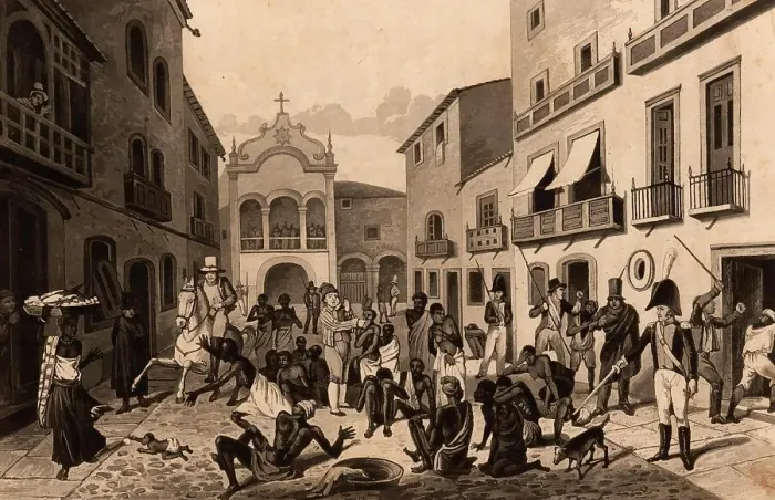 Framed Print : Slave market in Pernambuco, Brazil, black slaves sitting in the street while an auction takes place. Includes a scene of beating, sword, horse almost trampling a baby, dog and woman carrying a load on her head, 1824, Historic, digitally restored Framed Print : Slave market in Pernambuco, Brazil, black slaves sitting in the street while an auction takes place. Includes a scene of beating, sword, horse almost trampling a baby, dog and woman carrying a load on her head, 1824, Historic, digitally restored