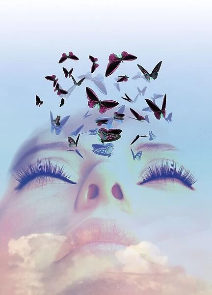Sleeping woman dreaming of butterflies, illustration