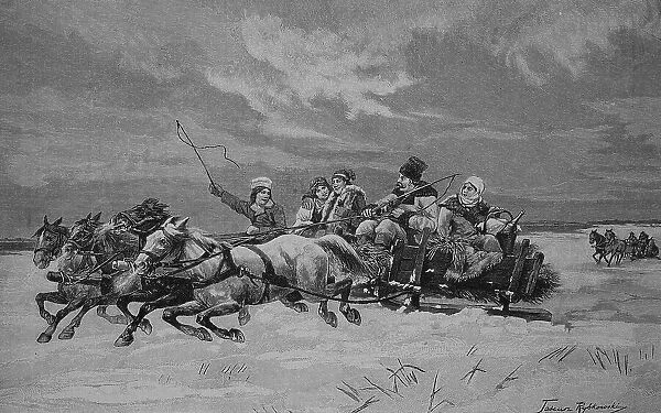 Sleigh race on the return from the market, winter, four-in-hand, 1870, Russia, Historic, digital reproduction of an original 19th-century artwork, original date unknown