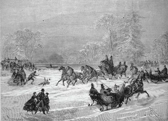 Framed Print : Sleigh Rides in Bois de Boulogne, Horse-drawn Sleighs and Skaters on the Frozen River, 1869, France, Historic, digitally restored reproduction of a 19th century original, exact original date unknown