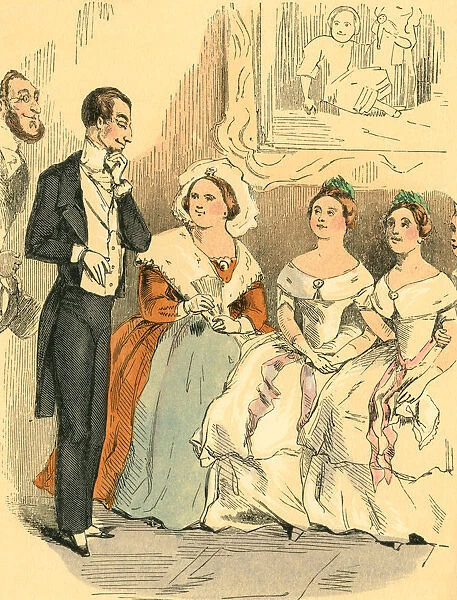 Slimy-looking Victorian man ogling a selection of ladies