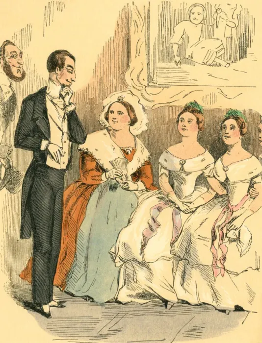 Framed Print : Slimy-looking Victorian man ogling a selection of ladies Framed Print : Slimy-looking Victorian man ogling a selection of ladies
