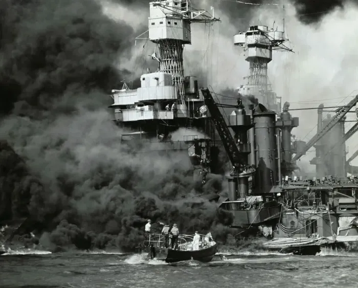Framed Print : Small Boat Rescues Men From Burning Ship Framed Print : Small Boat Rescues Men From Burning Ship