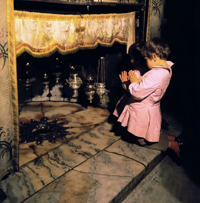 Framed Print : Small Children Kneeling and Praying at Christ's Manger Site Framed Print : Small Children Kneeling and Praying at Christ's Manger Site