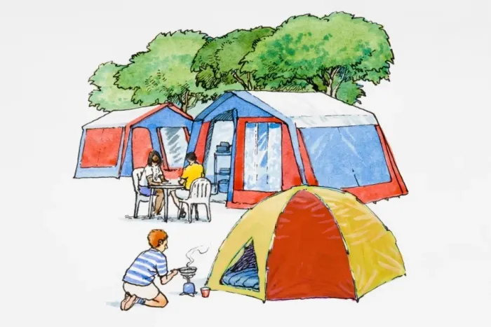 Framed Print : Small group of people outside tents at campsite Framed Print : Small group of people outside tents at campsite