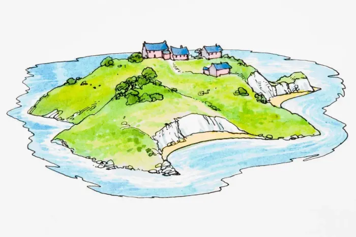 Framed Print : Small island with four houses on it Framed Print : Small island with four houses on it