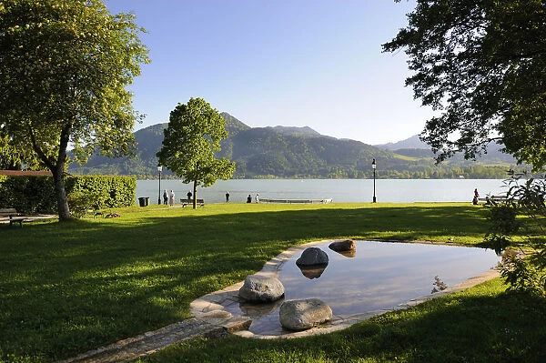 Small park on the lakeside promenade, Tegernsee lake, Upper Bavaria, Bavaria, Germany, Europe