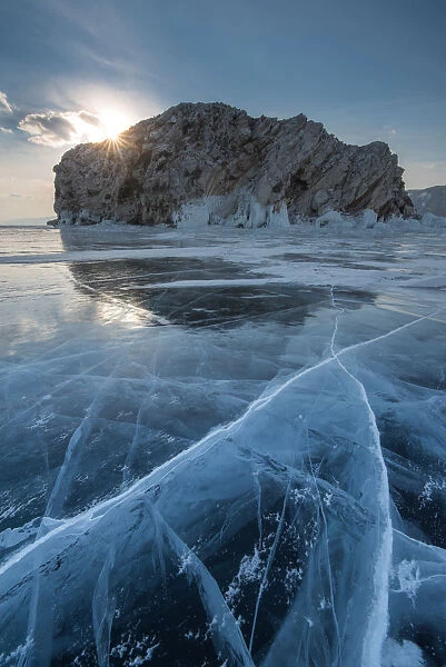 the small rock island at Baikal frozen lake