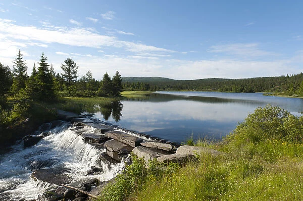 Small waterfall, Lake Gala, Oppland, Norway, Scandinavia, Northern Europe, Europe