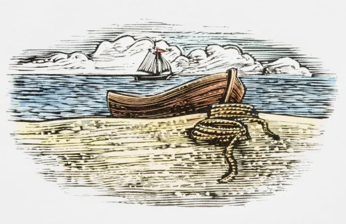 Framed Print : Small wooden fishing boat moored on beach on coastline, with sailing boat in background Framed Print : Small wooden fishing boat moored on beach on coastline, with sailing boat in background
