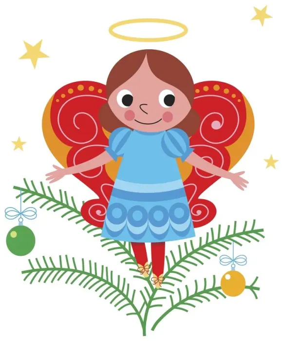 Framed Print : Smiling angel with halo and butterfly wings, standing on Christmas tree twig decorated with baubles