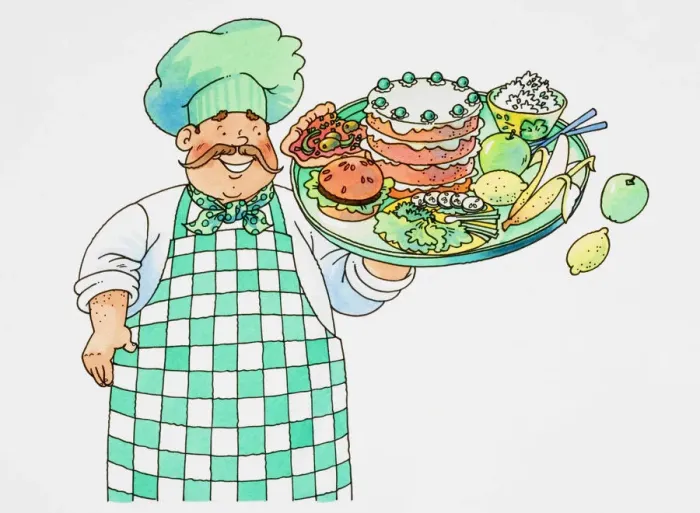 Framed Print : Smiling chef with moustache, checked apron and green chefs hat holding up tray stacked with food with one hand, front view