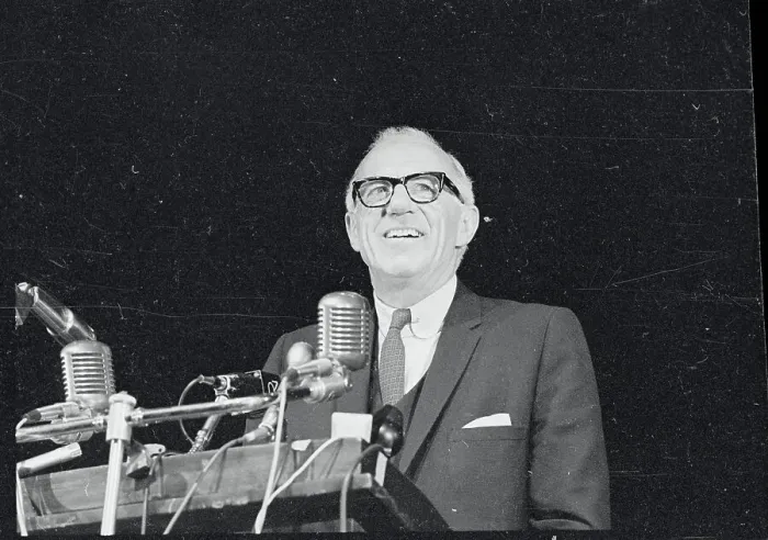 Framed Print : Smiling Dr. Benjamin Spock Speaking Framed Print : Smiling Dr. Benjamin Spock Speaking