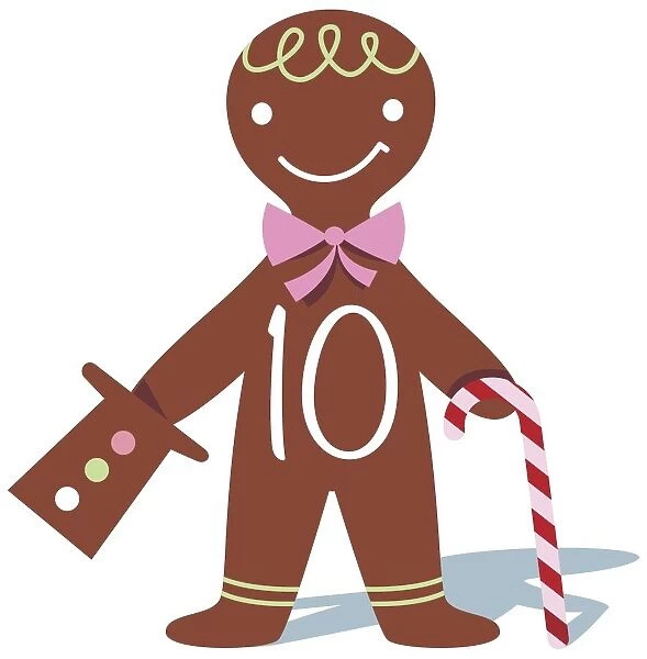 Smiling gingerbread man holding hat and walking stick