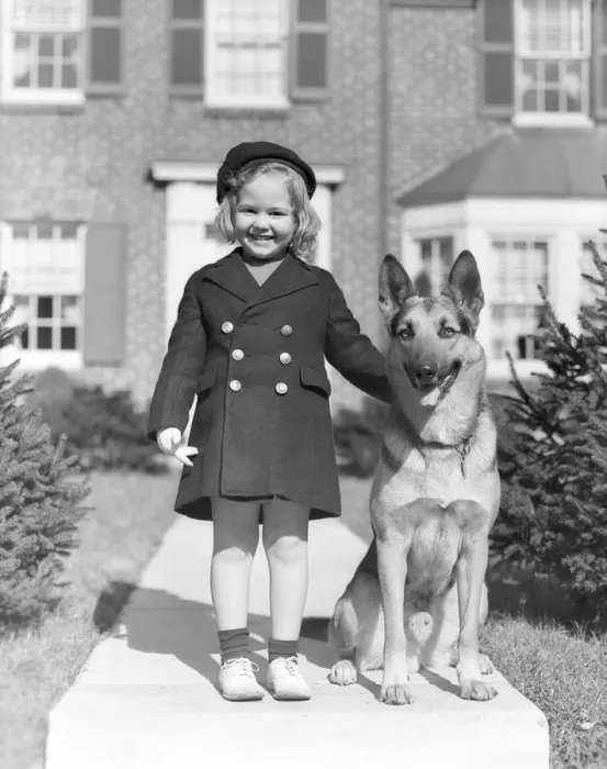 Framed Print : Smiling Girl With A German Shepherd Wearing A Tam & Brass 6 Button Navy Overcoat With Framed Print : Smiling Girl With A German Shepherd Wearing A Tam & Brass 6 Button Navy Overcoat With