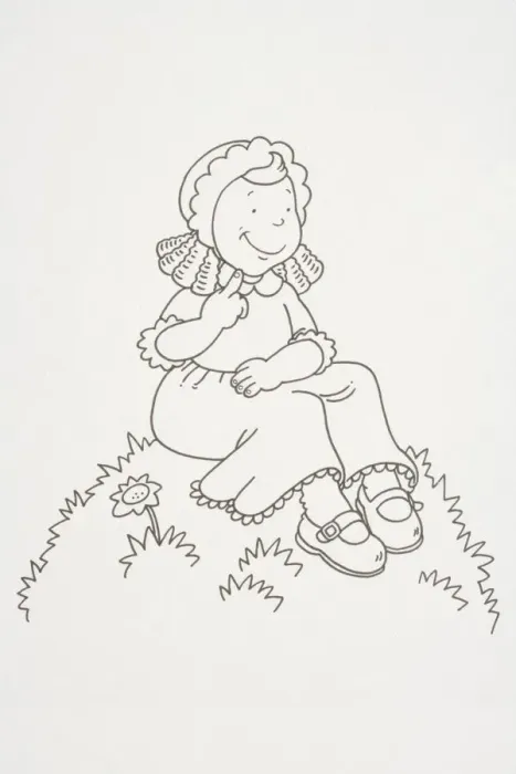 Framed Print : Smiling girl wearing a bonnet sitting on a grassy mound, side view